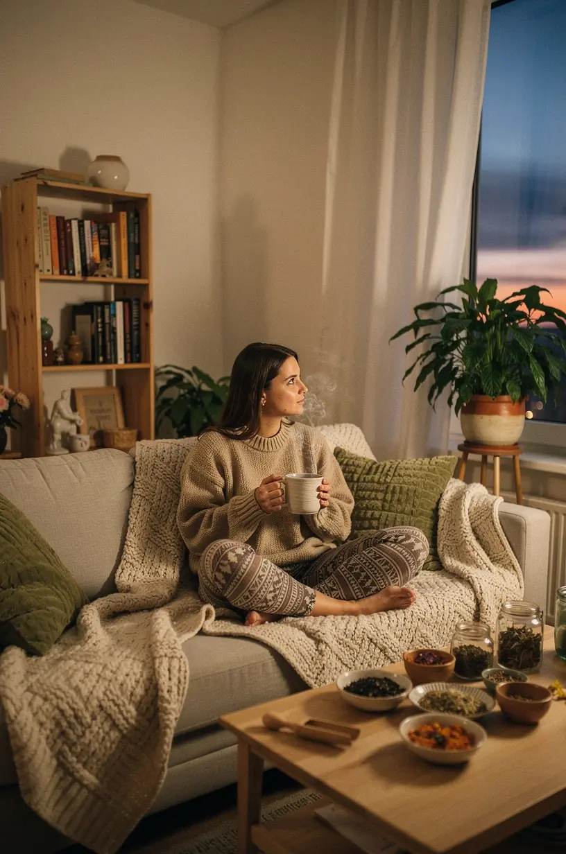 Šilta žolelių arbata ant stalo šalia uždegtos žvakės ramiam vakaro ritualui.