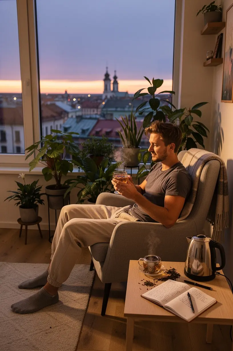Rankos laiko puodelį garuojančios žolelių arbatos prie lango, stebint saulėlydį ir ramų vakarą.